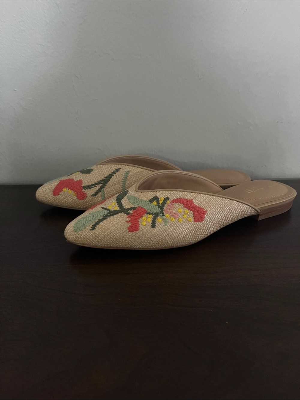 Chico's Natural Raffia Slip-On Mules with Pink & Green Floral Embroidery